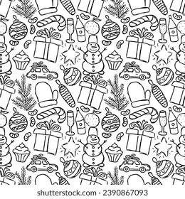 Seamless christmas pattern. New year background. Doodle illustration with christmas and new year icons