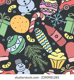 Seamless christmas pattern. New year background. Doodle illustration with christmas and new year icons