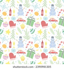 Seamless christmas pattern. New year background. Doodle illustration with christmas and new year icons