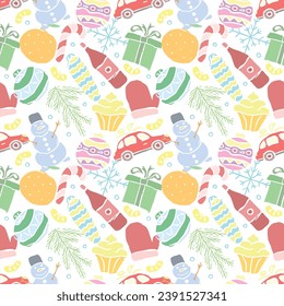Nahtlose Weihnachtsmuster. Neuer Hintergrund. Dodle-Illustration mit Weihnachten und neuen Jahresbildern