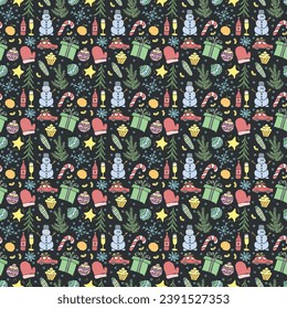 Seamless christmas pattern. New year background. Doodle illustration with christmas and new year icons