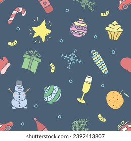 Patrón de navidad sin foco. Antecedentes de Año Nuevo. Ilustración de dibujos con navidad e iconos de año nuevo