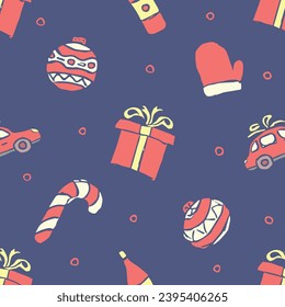 Patrón de navidad sin foco. Antecedentes de Año Nuevo. Ilustración de doodle con iconos de navidad
