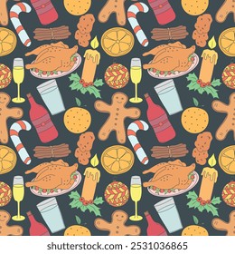Patrón de Navidad sin fisuras. Antecedentes de Nuevo año. Ilustración coloreada con iconos de Navidad