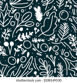 Seamless Christmas pattern, New Year's pattern with fir branches, berries and leaves. Decorative berries and mistletoe leaves. Festive gift packaging, print on fabric. Vector in the doodle style