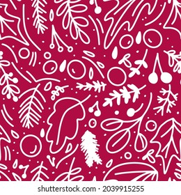 Seamless Christmas pattern, New Year's pattern with fir branches, berries and leaves. Decorative berries and mistletoe leaves. Festive gift packaging, print on fabric. Vector in the doodle style