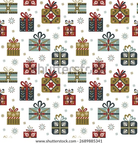 Seamless Christmas pattern in Nordic folk style with decorative gift boxes and snowflakes Cozy Scandinavian holiday design for seasonal wrapping paper, fabric, greeting cards, festive decor Vector art