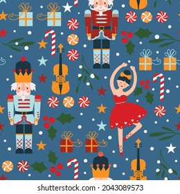 Seamless Christmas pattern with nutcracker, ballerina, violin, gift boxes, leaves, berries, sweets. Vector illustration. 