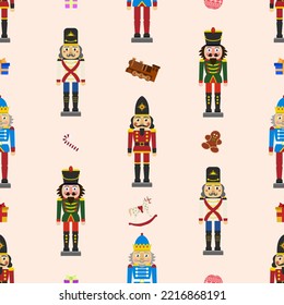 Seamless Christmas Pattern with Nutcracker and Christmas elements in Vector.