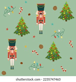 Seamless christmas pattern with nutcracker, garlands, lollipops, hazelnuts, walnuts and Christmas Tree in vector.