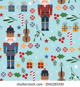 Seamless Christmas pattern with nutcracker, violin, gifts, snow, candy, berries on blue background. Vector illustration. 