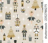 Seamless Christmas Pattern with Nutcrackers ballerina in Vector on beige.