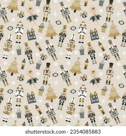 Seamless Christmas Pattern with Nutcrackers ballerina in Vector on beige.