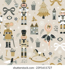 Seamless Christmas Pattern with Nutcrackers ballerina in Vector on beige. New year illustration.