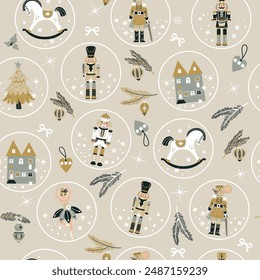 Seamless Christmas Pattern with Nutcrackers ballerina in Vector on beige. New year illustration.