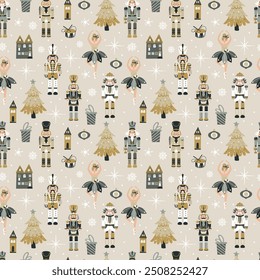 Seamless Christmas Pattern with Nutcrackers ballerina in Vector on beige.