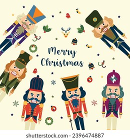 Seamless Christmas Pattern with Nutcrackers. Christmas elements background in flat vector cartoon style illustration.