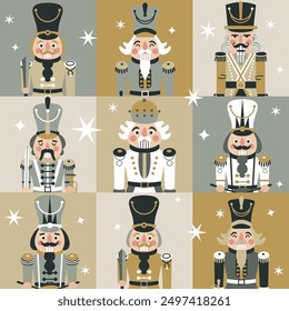 Seamless Christmas Pattern with Nutcrackers portrait on a square checkered background New year illustration.