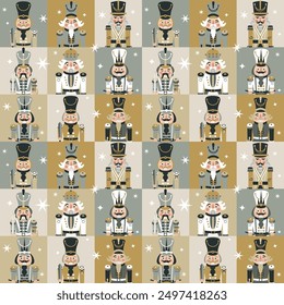 Seamless Christmas Pattern with Nutcrackers portrait on a square checkered background New year illustration.