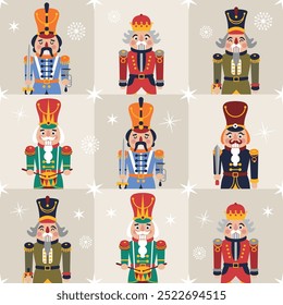 Padrão de Natal sem costura com Nutcrackers retrato em um fundo quadrado quadriculado ilustração Ano novo.