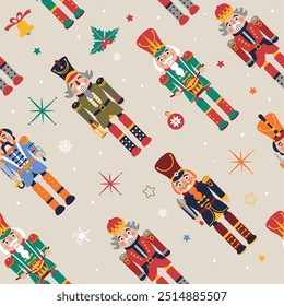 Seamless Christmas Pattern with Nutcrackers in Vector on beige.