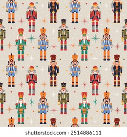 Seamless Christmas Pattern with Nutcrackers in Vector on beige.