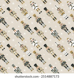 Seamless Christmas Pattern with Nutcrackers in Vector on beige.