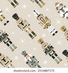 Seamless Christmas Pattern with Nutcrackers in Vector on beige.