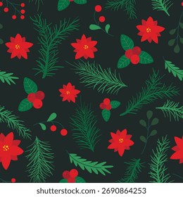 Patrón de Navidades sin fisuras con hojas de roble, bayas, flores de nochebuena, ramas de abeto. Fondo tradicional de vacaciones de invierno. Impresión para papel de regalo, Fondo de pantalla, decoración, textiles, Vector