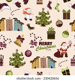Seamless Christmas pattern on a beige background. Vector illustration for your design