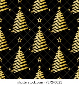 seamless christmas pattern on black background with gold pine tree and star
