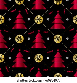 seamless christmas pattern on black background with red pine tree and confetti gold snowflake