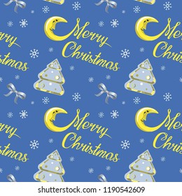 Seamless Christmas pattern on a blue background with lettering Christmas and with a month, snowflakes and stars, christmas tree. Beautiful pattern for a gift wrapping paper, t-shirts, greeting cards