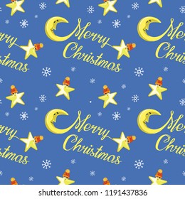 Seamless Christmas pattern on a blue background with lettering Christmas and with a month, snowflakes and stars. Beautiful pattern for a gift wrapping paper, t-shirts, greeting cards 2019