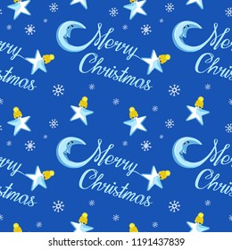 Seamless Christmas pattern on a blue background with lettering Christmas and with a month, snowflakes and stars. Beautiful pattern for a gift wrapping paper, t-shirts, greeting cards 2019