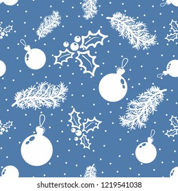 Seamless Christmas pattern on blue background with balls and holly