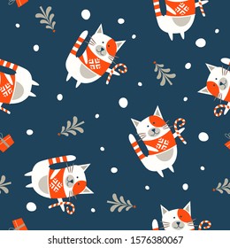 Seamless Christmas pattern on blue background. Vector illustration.