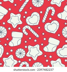 Seamless Christmas pattern on bright red. Hand drawn vector holiday candy canes, socks and stars. Suitable for wrapping paper and Christmas and New Year promotional banners.