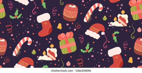 Seamless Christmas pattern on dark background. Wallpaper with ornament, hollie, gift, sweet, Santa hat, serpentine and confetti. Festive texture for backgrounds, fabrics and your creativity