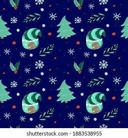 Seamless Christmas pattern on a dark background. Fairy house, tree and holly twigs. Vector. Cartoon style. A house with a striped roof, holly berries. Suitable for fabric, paper and wallpaper.