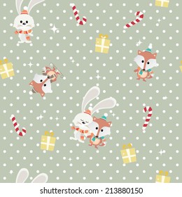 Seamless Christmas pattern on dot background. EPS 10 vector illustration