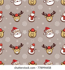 Seamless christmas pattern on gray background. Design for fabric, greeting card and holiday decoration. Vector illustration with cute Santa, bear, deer and snowman. Cute pattern.