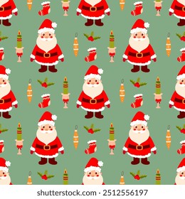 Seamless Christmas pattern on green background, santa,toy, sock.  Background for gift paper or fabric.