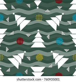 seamless christmas pattern on green stripe background with white pine tree and confetti colorful snowflake