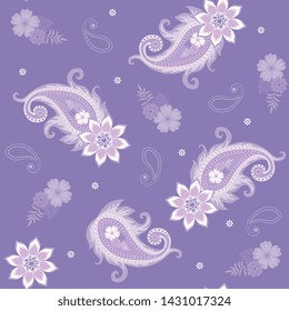 Seamless christmas pattern on light lilac background. Paisley-shaped snow whirls and mandala-shaped snowflakes.