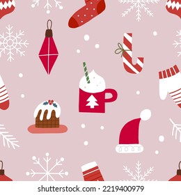 Seamless Christmas pattern on a light pink background. Festive winter wallpaper. Vector pattern in a flat style.