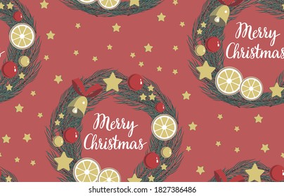 Nahtlose Weihnachtsmuster auf rotem Hintergrund mit Kranz, Sternen, Zitrone, Bälle, Glocke.