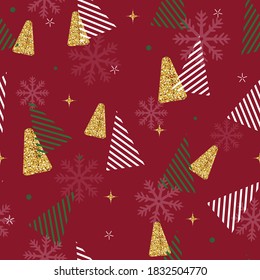 seamless christmas pattern on red background with doodle glitter pine tree