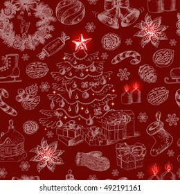 Seamless Christmas pattern on a red background. Vector illustration for your design