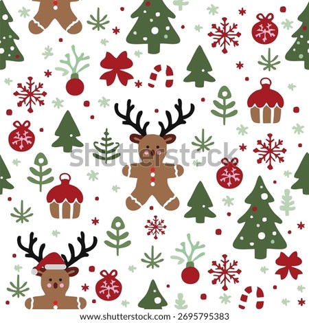 Seamless Christmas pattern on red background with white line icons of holiday elements — including snowflakes, Santa hats, gifts, Christmas trees, holly leaves, and candy canes. Perfect for festive